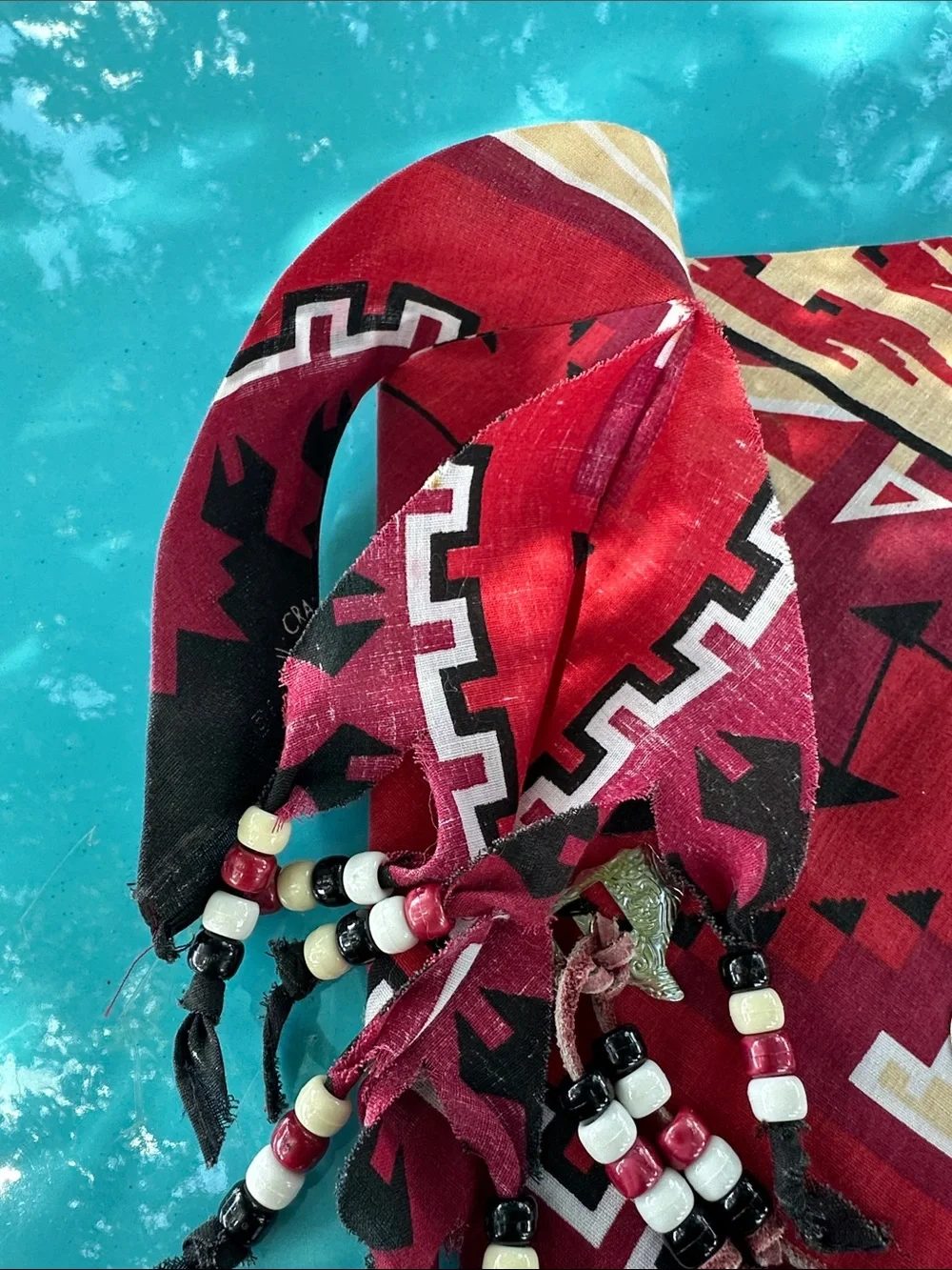 Boho Red Aztec Beaded Triangle Bandana Scarf